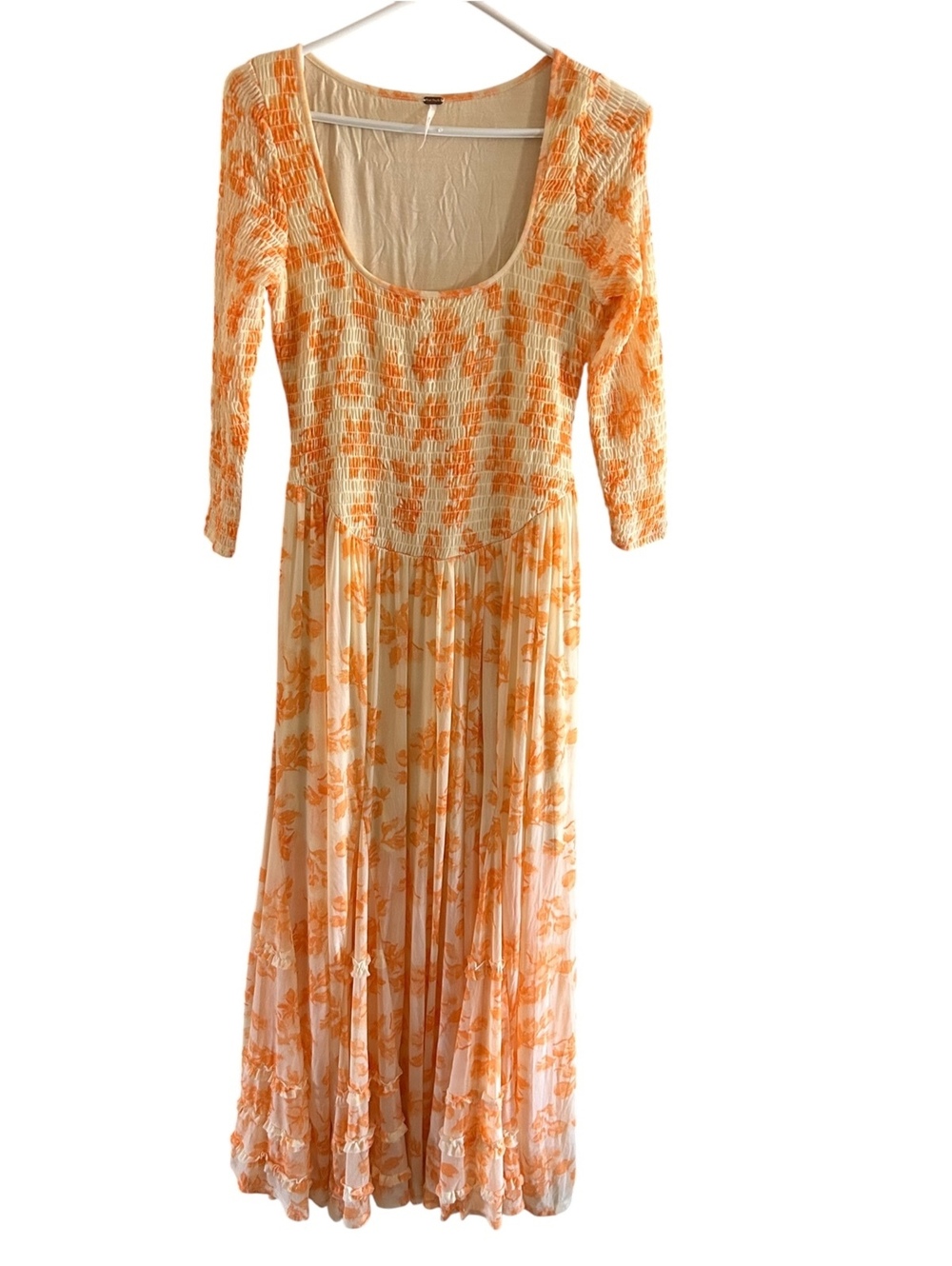 Free People Floral Smocked Maxi Dress Small Cream Orange Boho - Picture 3 of 12